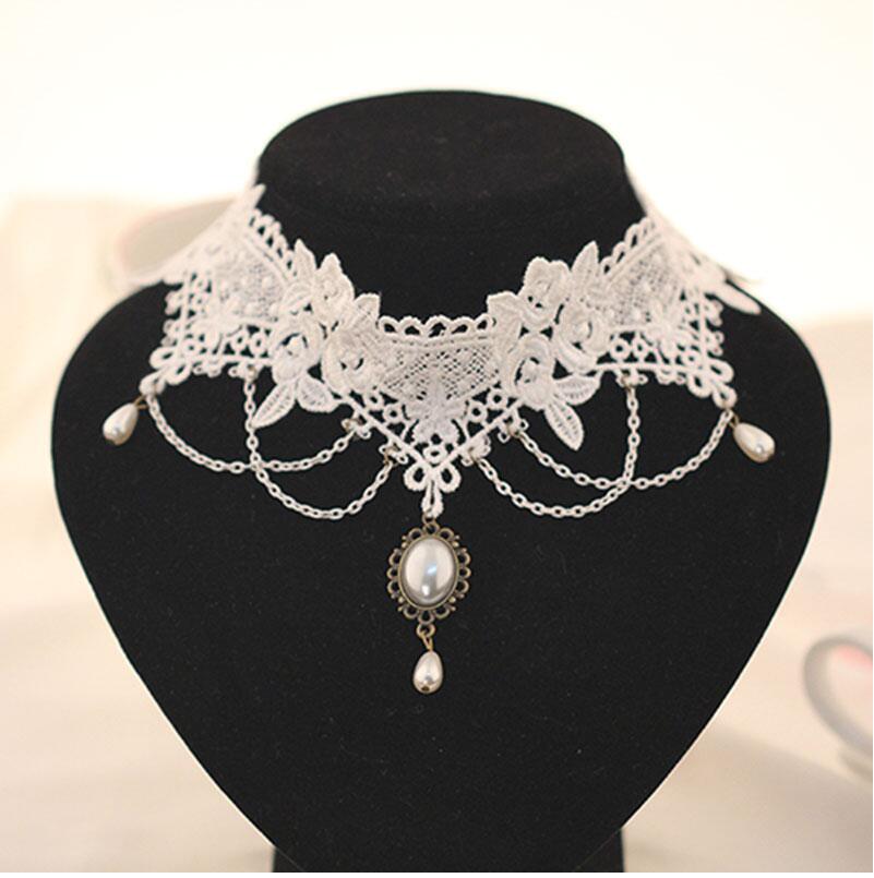 Body Jewelry Necklace - Imitation Pearl White Lace Choker Necklaces